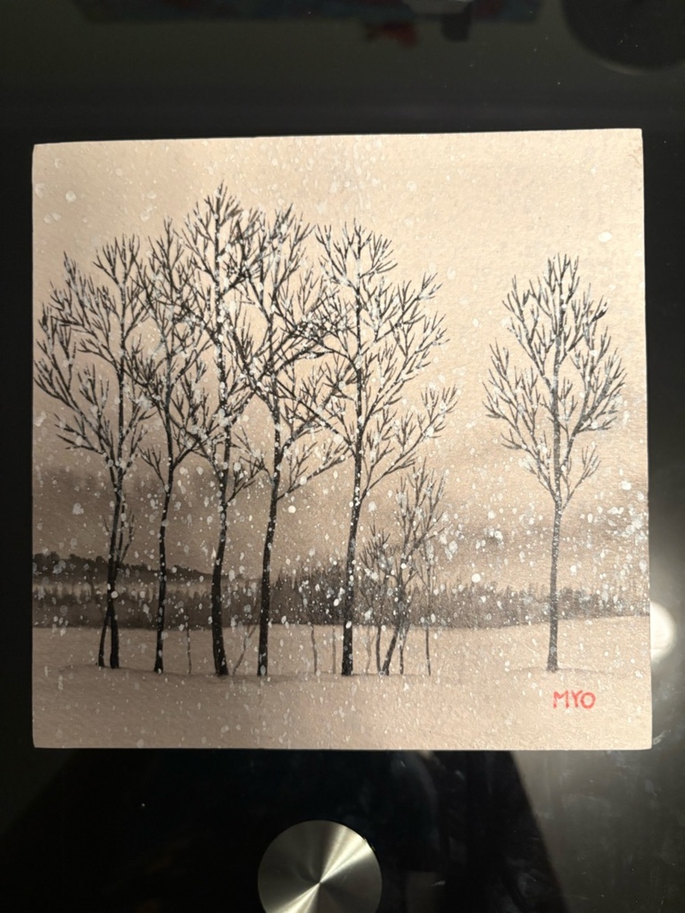 Winter snow trees landscape  original art painting wood 6x6x1.5”